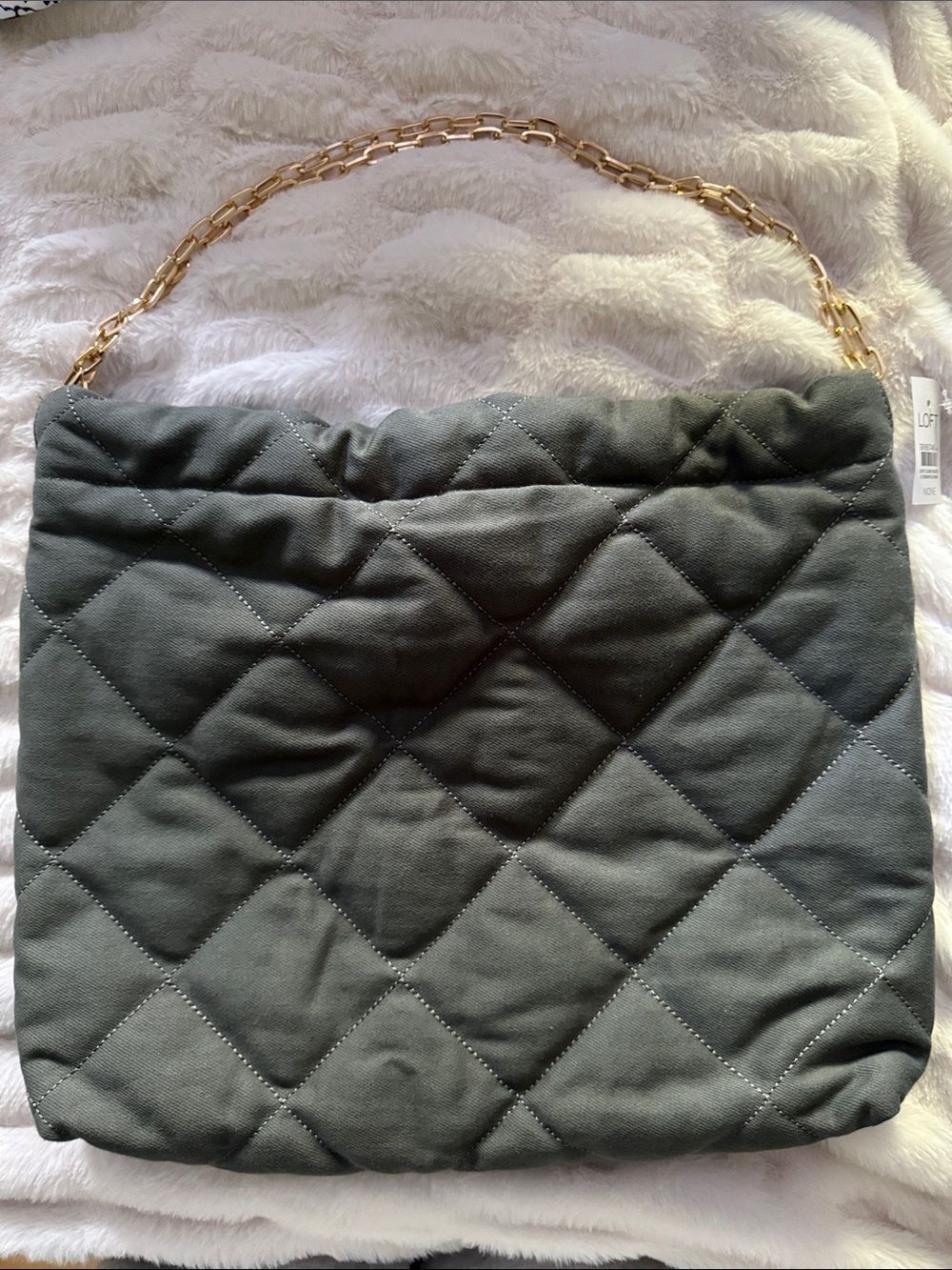 NWT LOFT Green Quilted Fabric Shoulder Bag Purse 15" x 12"